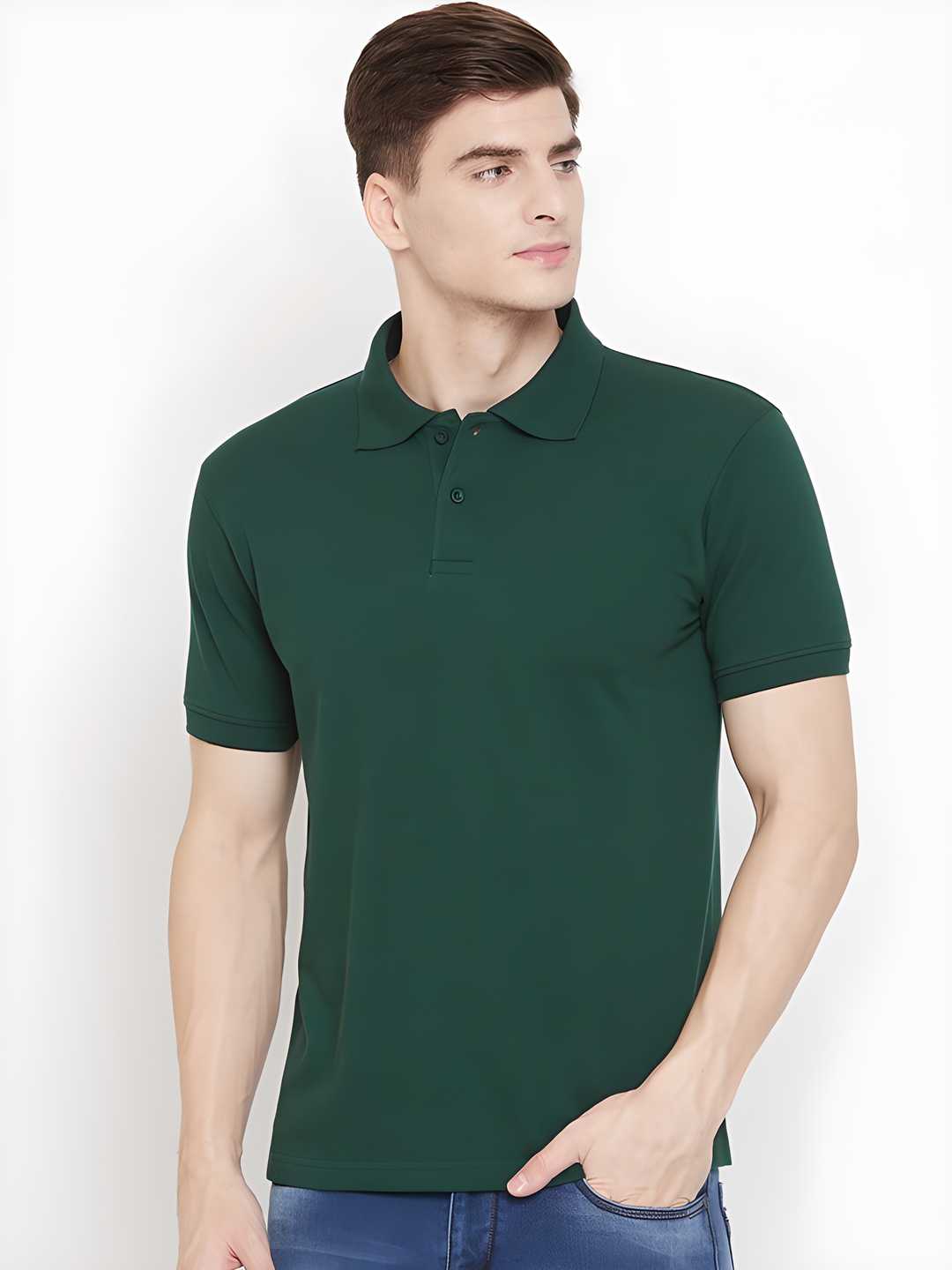 Men’s Cotton Blend Polo T-Shirt – Solid Bottle Green, Half Sleeves