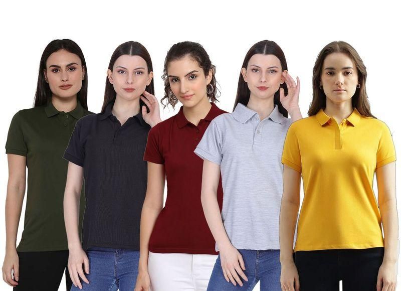 Women’s Cotton Blend Polo T-Shirts – Pack of 5 | Solid Colors | Half Sleeves - UrbanZelvia
